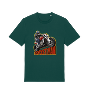 green motorcycle t-shirt with the graphic of a man n a motorbike and the slogan 'rocketman'