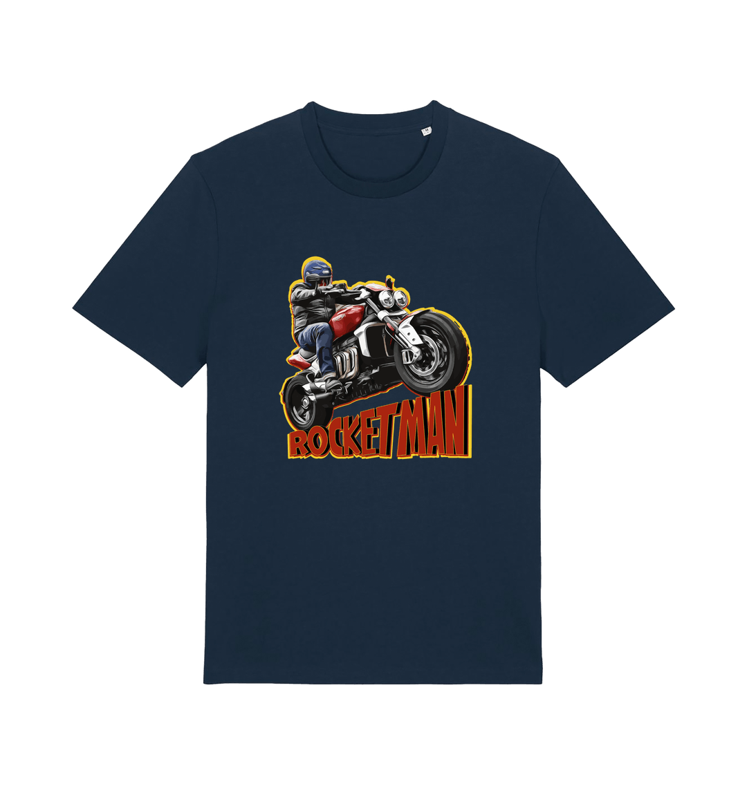 navy motorcycle t-shirt with the graphic of a man n a motorbike and the slogan 'rocketman'