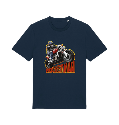 navy motorcycle t-shirt with the graphic of a man n a motorbike and the slogan 'rocketman'
