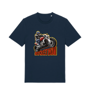 navy motorcycle t-shirt with the graphic of a man n a motorbike and the slogan 'rocketman'