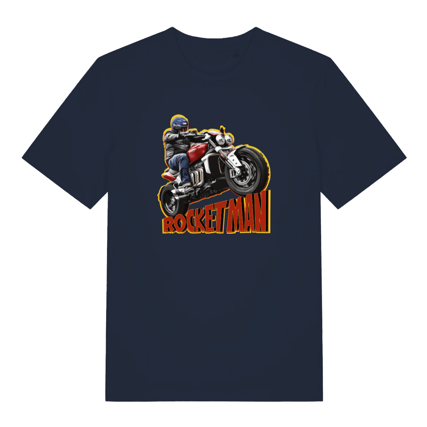 navy biker t-shirt with the graphic of a man on a motorbike and the word 'rocketman'