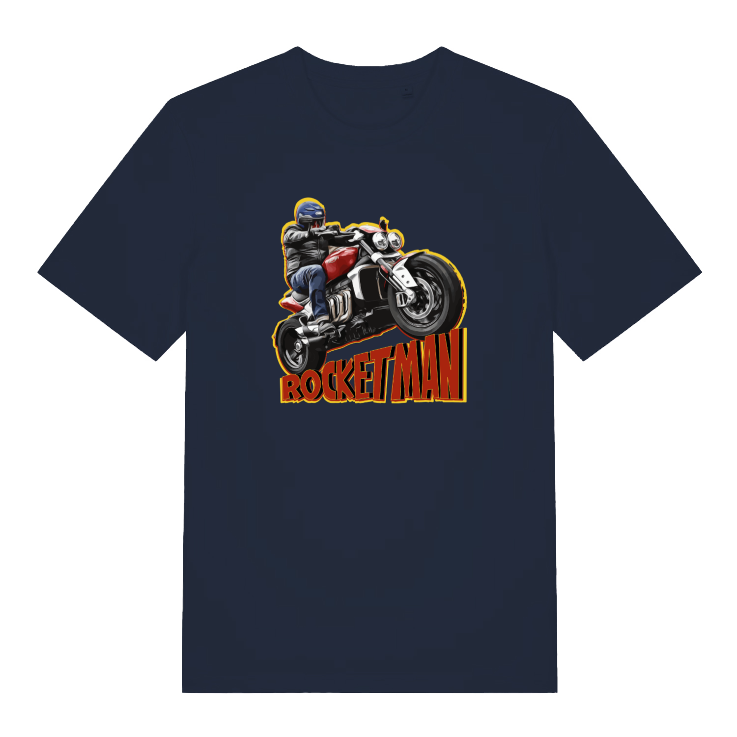 navy biker t-shirt with the graphic of a man on a motorbike and the word 'rocketman'
