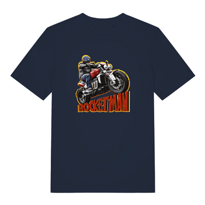navy biker t-shirt with the graphic of a man on a motorbike and the word 'rocketman'