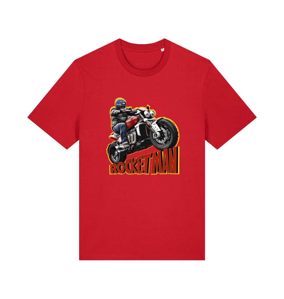 red motorcycle t-shirt with the graphic of a man n a motorbike and the slogan 'rocketman'