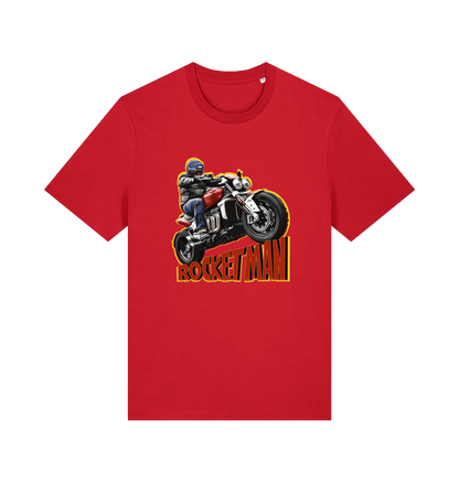 red motorcycle t-shirt with the graphic of a man n a motorbike and the slogan 'rocketman'