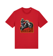 red motorcycle t-shirt with the graphic of a man n a motorbike and the slogan 'rocketman'