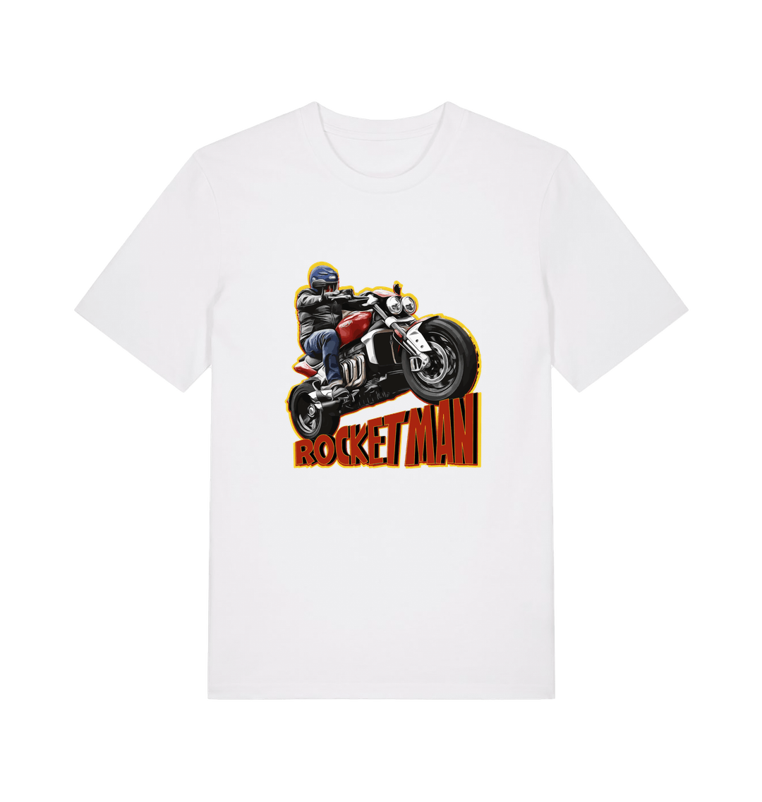 white motorcycle t-shirt with the graphic of a man n a motorbike and the slogan 'rocketman'