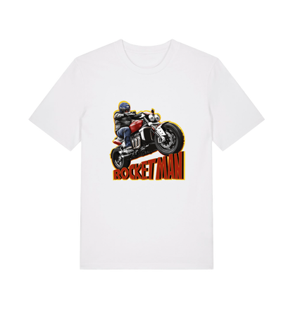 white motorcycle t-shirt with the graphic of a man n a motorbike and the slogan 'rocketman'