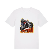 white motorcycle t-shirt with the graphic of a man n a motorbike and the slogan 'rocketman'