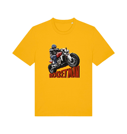 yellow motorcycle t-shirt with the graphic of a man n a motorbike and the slogan 'rocketman'