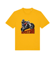 yellow motorcycle t-shirt with the graphic of a man n a motorbike and the slogan 'rocketman'
