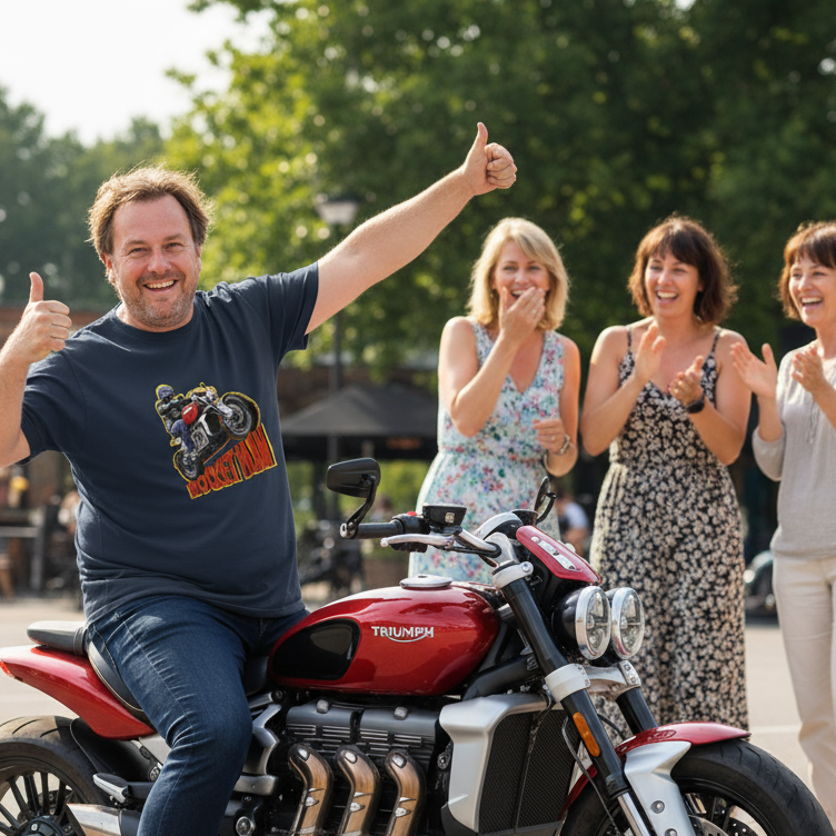 Man sitting on a red Triumph motorcycle with people clapping and giving thumbs up in the background.