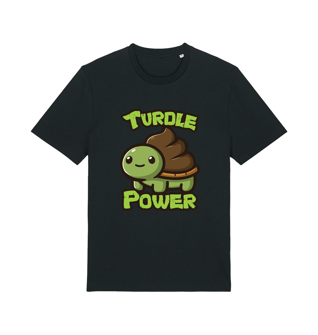 black animal t-shirt with the graphic of a cartoon turtle with a poop emoji for a shell and the slogan 'turdle power'