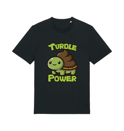 black animal t-shirt with the graphic of a cartoon turtle with a poop emoji for a shell and the slogan 'turdle power'