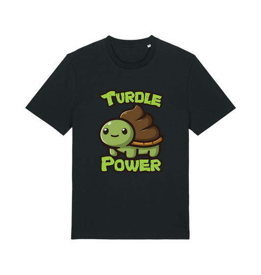 black animal t-shirt with the graphic of a cartoon turtle with a poop emoji for a shell and the slogan 'turdle power'