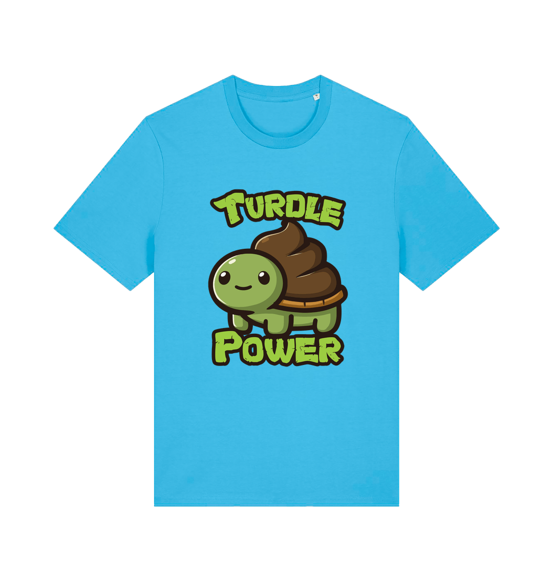 blue animal t-shirt with the graphic of a cartoon turtle with a poop emoji for a shell and the slogan 'turdle power'