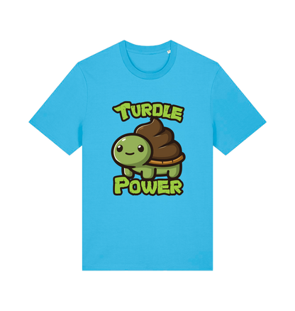 blue animal t-shirt with the graphic of a cartoon turtle with a poop emoji for a shell and the slogan 'turdle power'