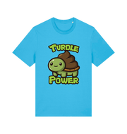 blue animal t-shirt with the graphic of a cartoon turtle with a poop emoji for a shell and the slogan 'turdle power'
