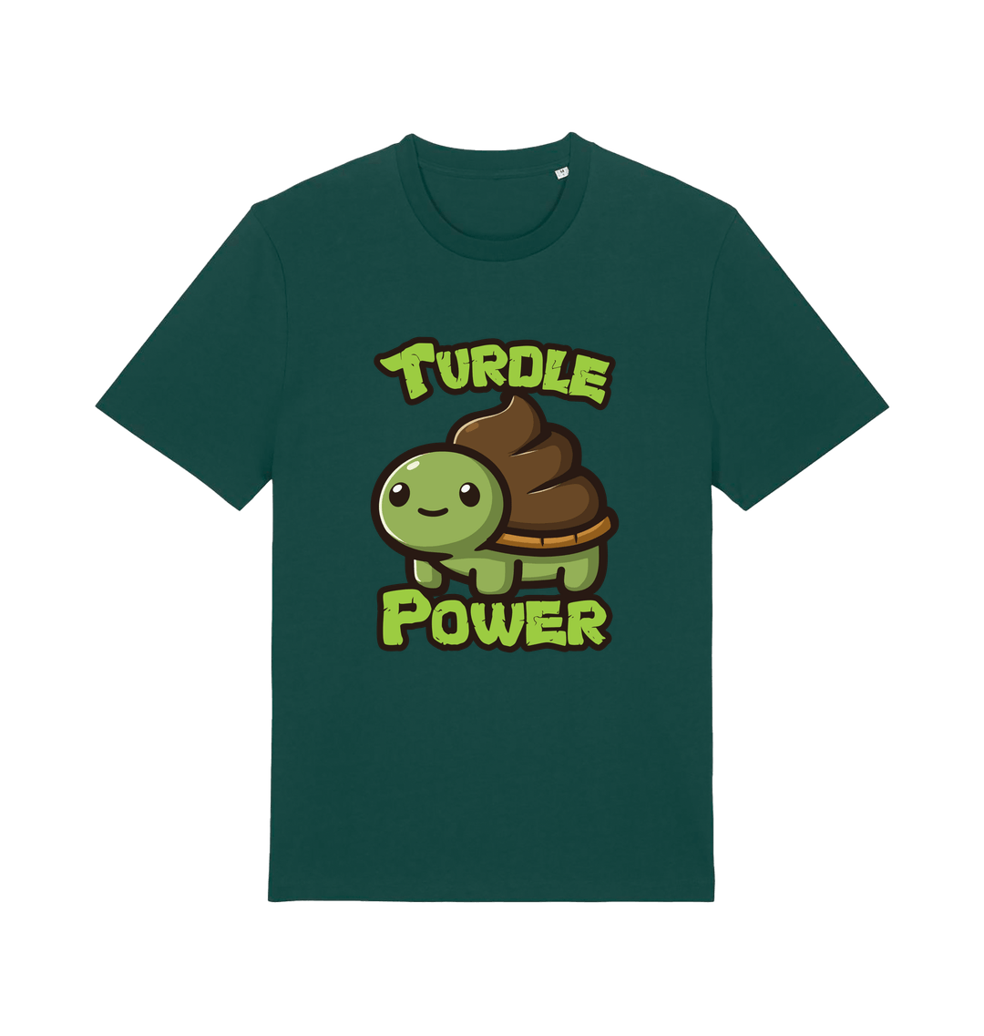green animal t-shirt with the graphic of a cartoon turtle with a poop emoji for a shell and the slogan 'turdle power'