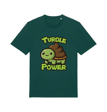 green animal t-shirt with the graphic of a cartoon turtle with a poop emoji for a shell and the slogan 'turdle power'
