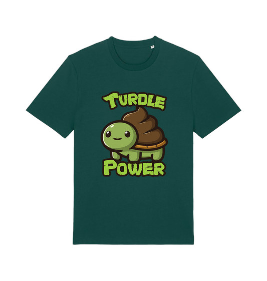 green animal t-shirt with the graphic of a cartoon turtle with a poop emoji for a shell and the slogan 'turdle power'