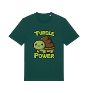 green animal t-shirt with the graphic of a cartoon turtle with a poop emoji for a shell and the slogan 'turdle power'