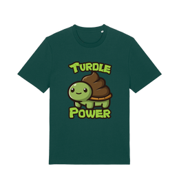 green animal t-shirt with the graphic of a cartoon turtle with a poop emoji for a shell and the slogan 'turdle power'