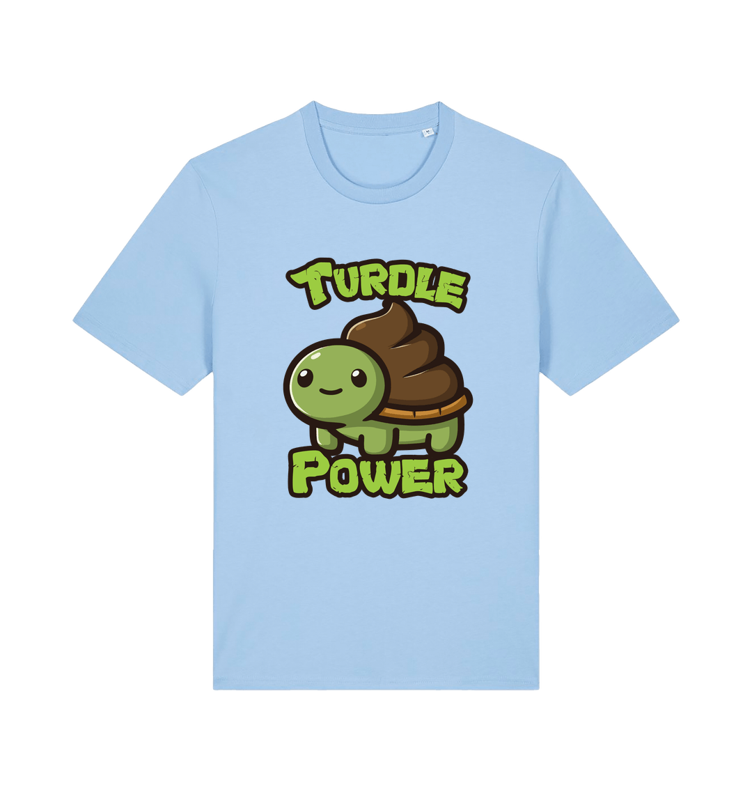 light blue animal t-shirt with the graphic of a cartoon turtle with a poop emoji for a shell and the slogan 'turdle power'