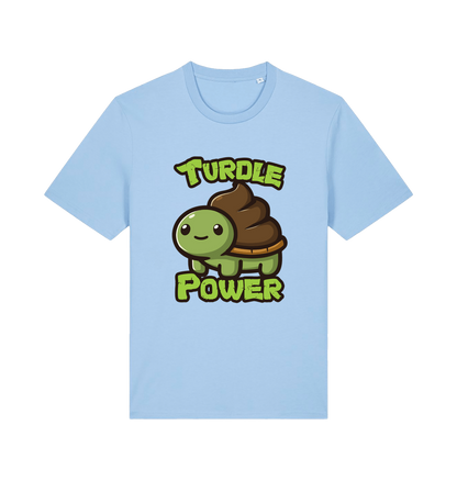 light blue animal t-shirt with the graphic of a cartoon turtle with a poop emoji for a shell and the slogan 'turdle power'