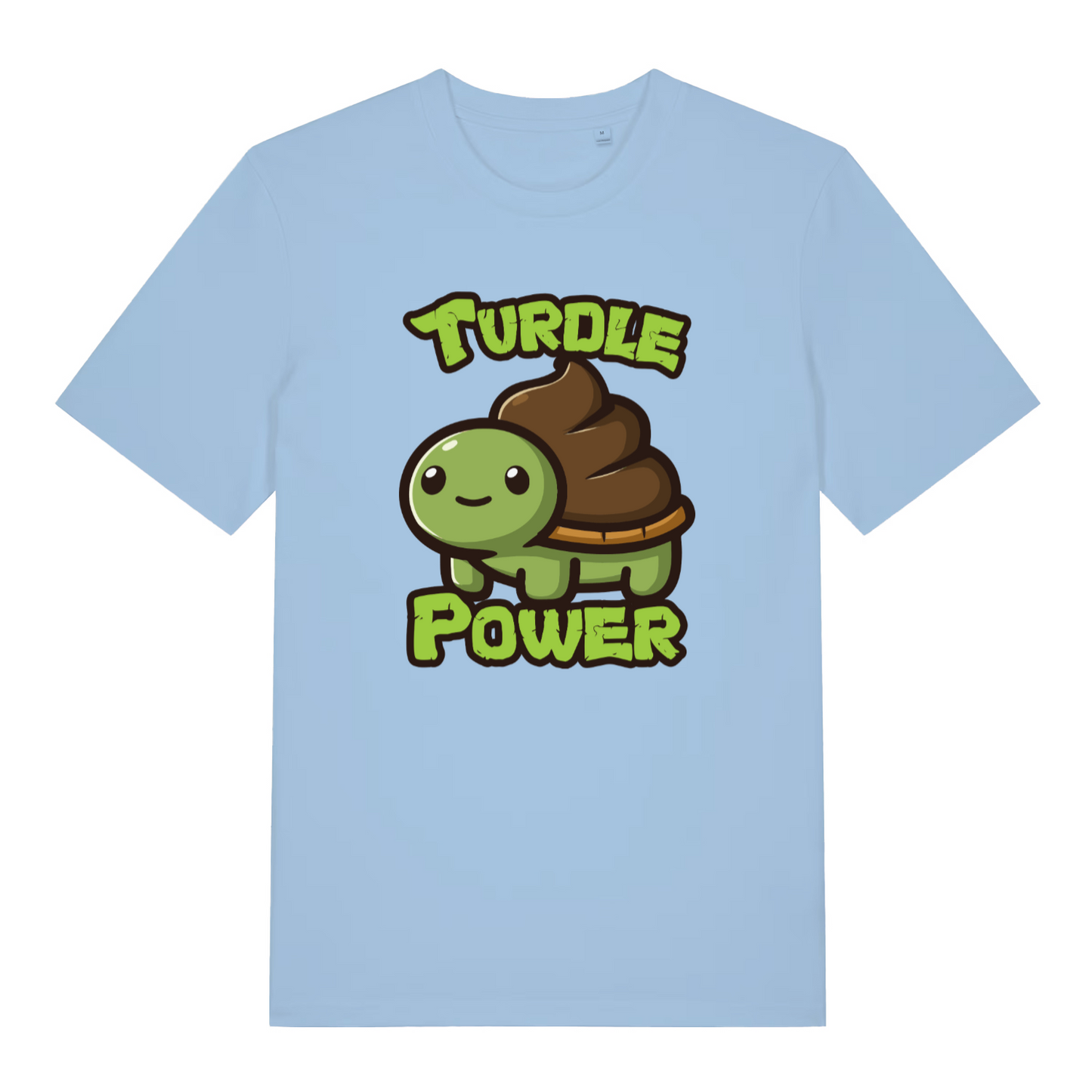 light blue funny animal t-shirt with a cartoon turtle and 'Turdle Power' text 
