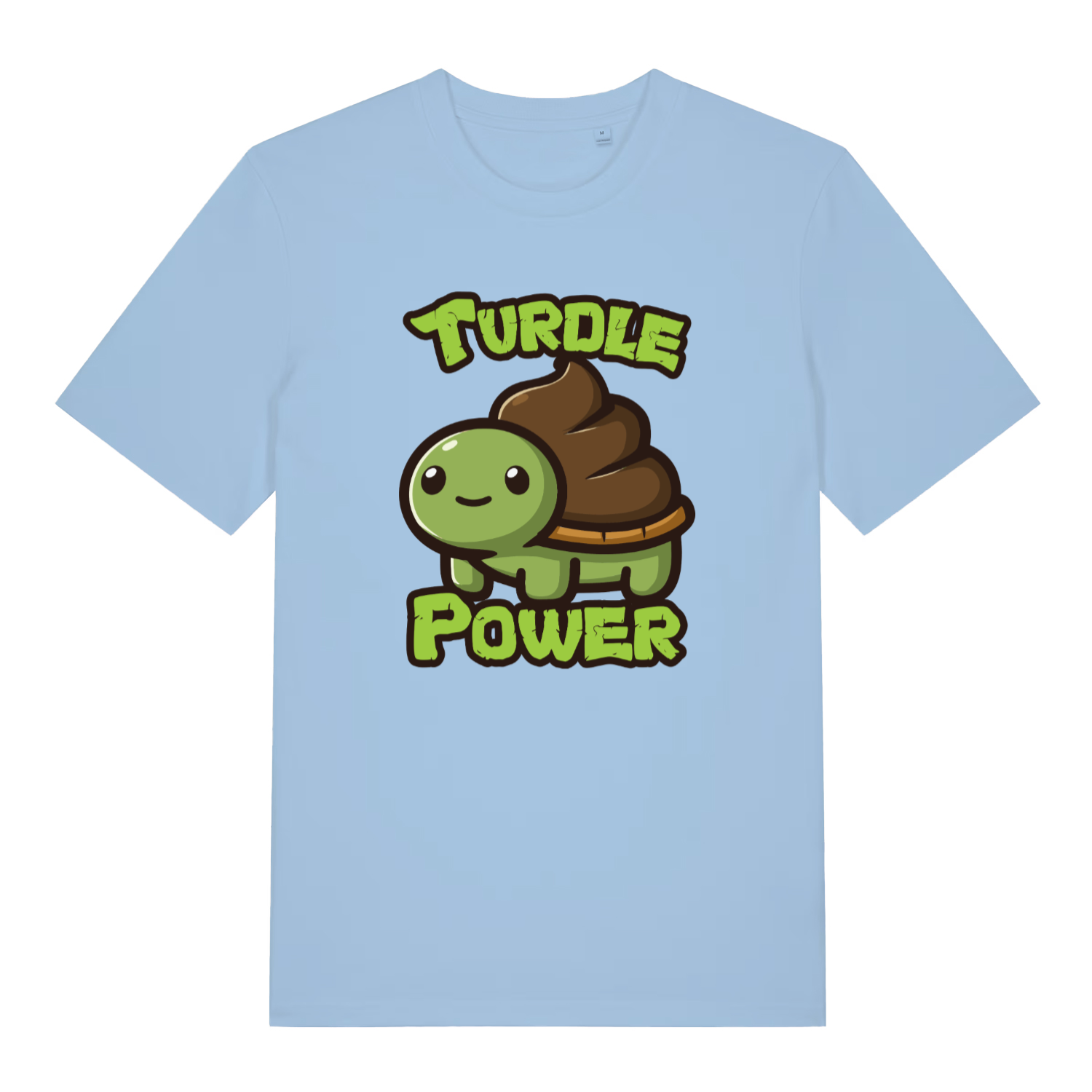 light blue funny animal t-shirt with a cartoon turtle and 'Turdle Power' text 