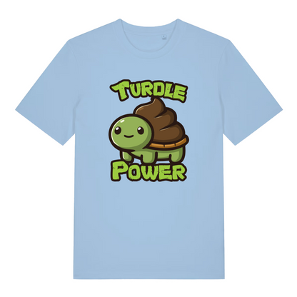 light blue funny animal t-shirt with a cartoon turtle and 'Turdle Power' text 