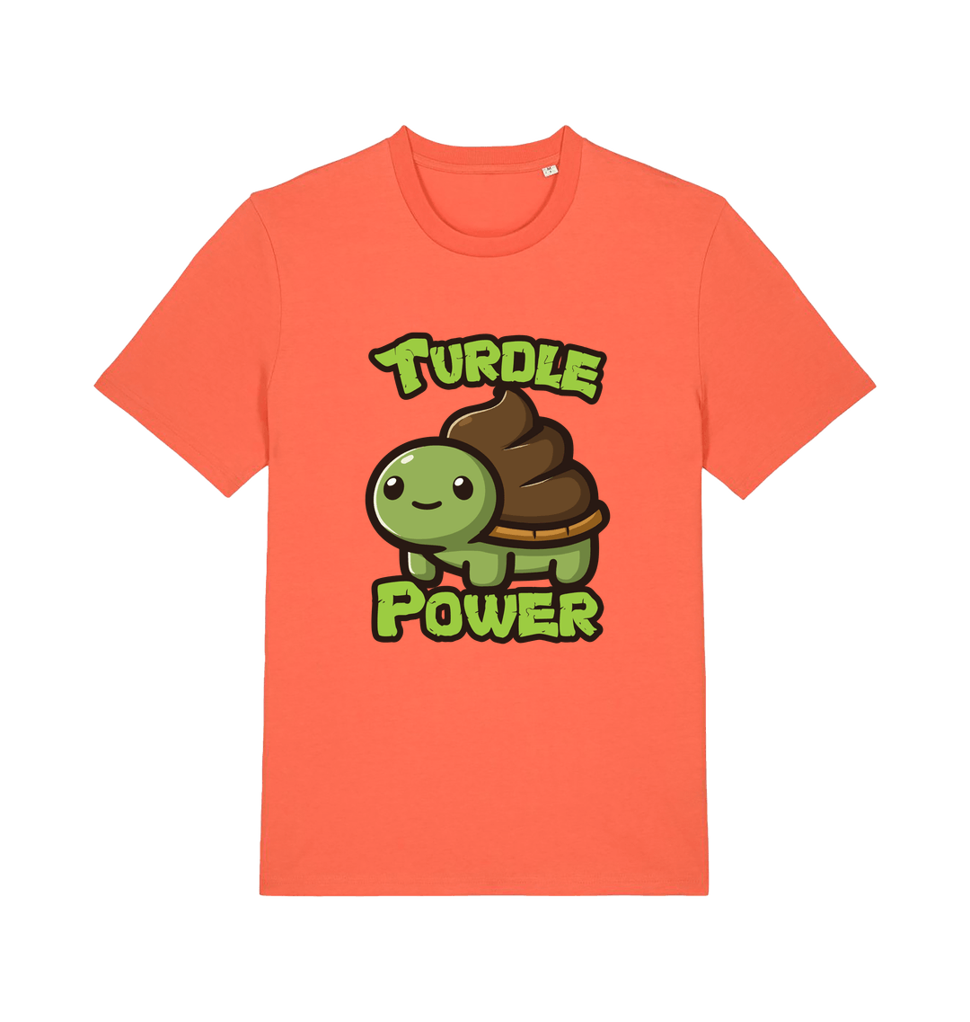 orange animal t-shirt with the graphic of a cartoon turtle with a poop emoji for a shell and the slogan 'turdle power'