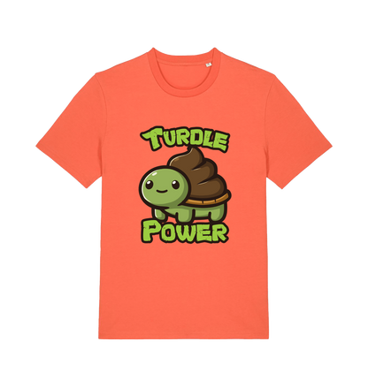 orange animal t-shirt with the graphic of a cartoon turtle with a poop emoji for a shell and the slogan 'turdle power'