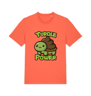 orange animal t-shirt with the graphic of a cartoon turtle with a poop emoji for a shell and the slogan 'turdle power'