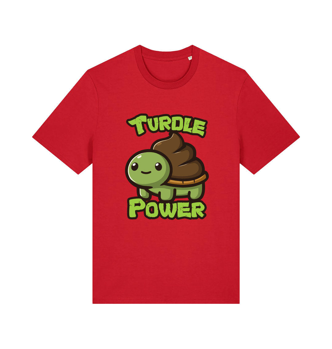red animal t-shirt with the graphic of a cartoon turtle with a poop emoji for a shell and the slogan 'turdle power'