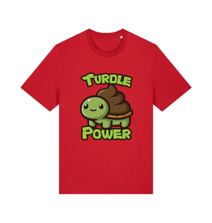red animal t-shirt with the graphic of a cartoon turtle with a poop emoji for a shell and the slogan 'turdle power'
