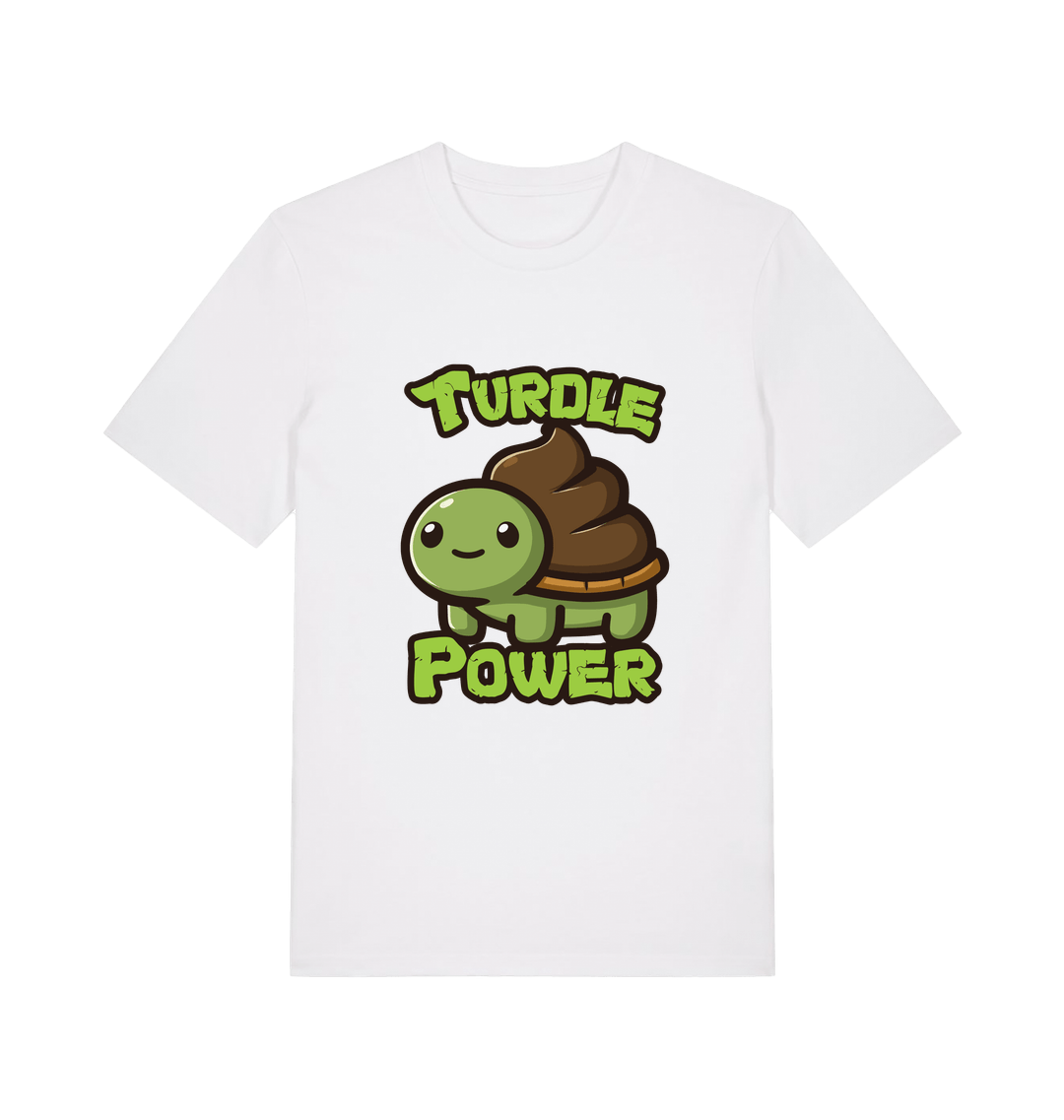 white animal t-shirt with the graphic of a cartoon turtle with a poop emoji for a shell and the slogan 'turdle power'