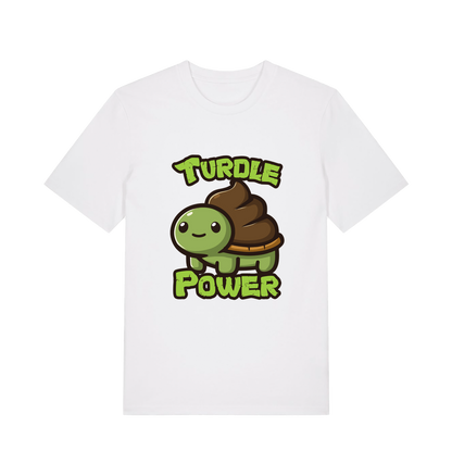 white animal t-shirt with the graphic of a cartoon turtle with a poop emoji for a shell and the slogan 'turdle power'