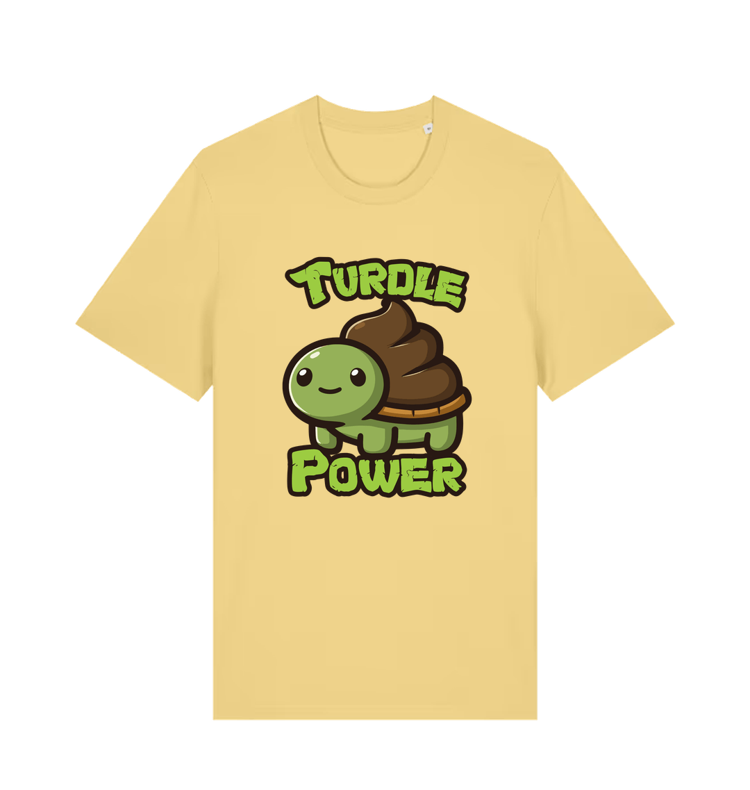 yellow animal t-shirt with the graphic of a cartoon turtle with a poop emoji for a shell and the slogan 'turdle power'