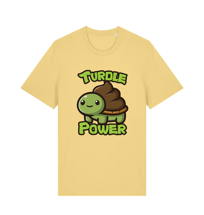 yellow animal t-shirt with the graphic of a cartoon turtle with a poop emoji for a shell and the slogan 'turdle power'
