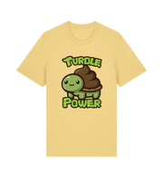 yellow animal t-shirt with the graphic of a cartoon turtle with a poop emoji for a shell and the slogan 'turdle power'