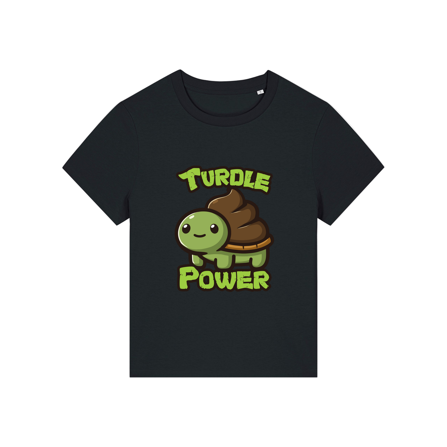 black funny animal t-shirt with a graphic of a turtle with an emoji poo for a shell and the slogan 'turdle power'