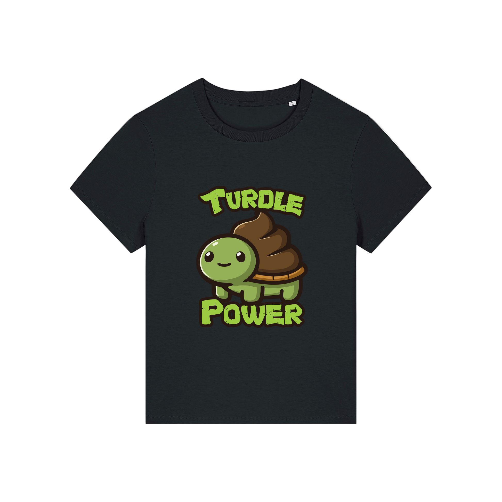 black funny animal t-shirt with a graphic of a turtle with an emoji poo for a shell and the slogan 'turdle power'