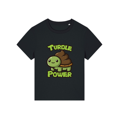 black funny animal t-shirt with a graphic of a turtle with an emoji poo for a shell and the slogan 'turdle power'
