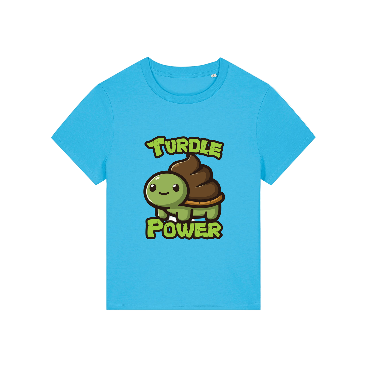blue funny animal t-shirt with a graphic of a turtle with an emoji poo for a shell and the slogan 'turdle power'
