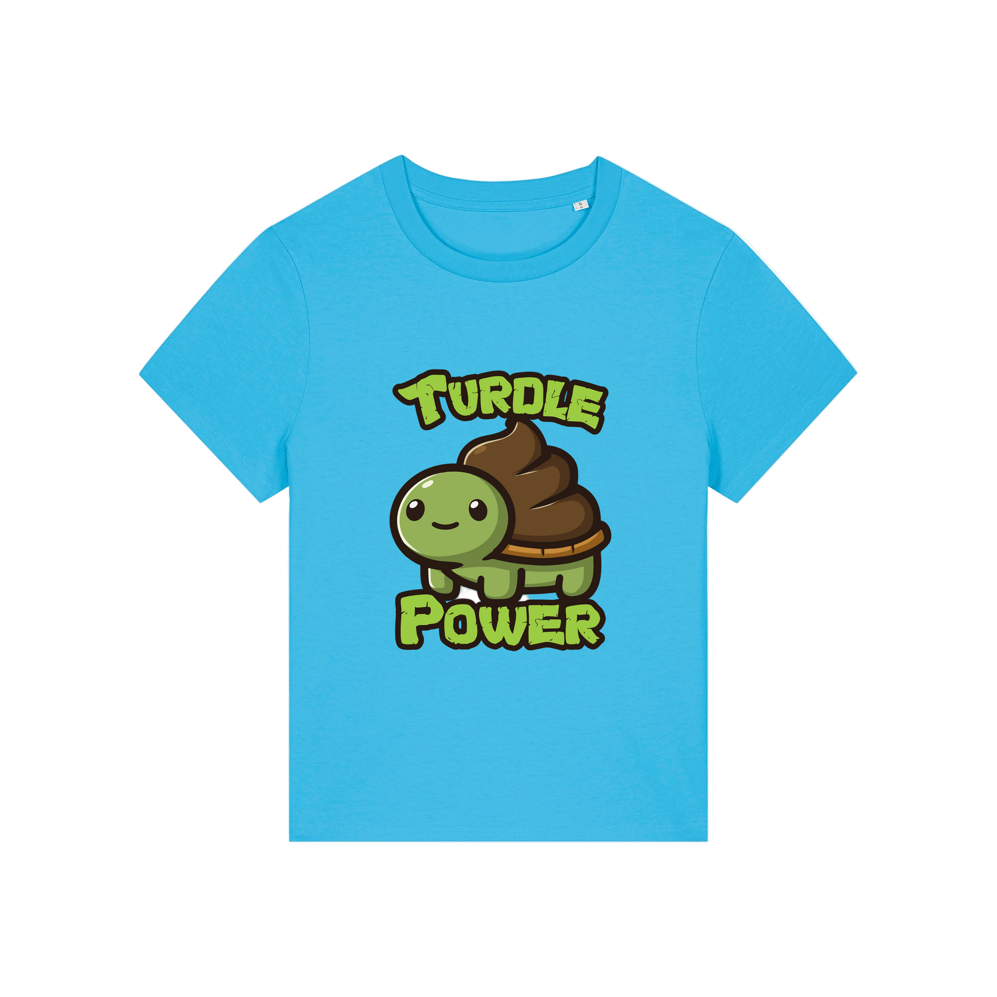 blue funny animal t-shirt with a graphic of a turtle with an emoji poo for a shell and the slogan 'turdle power'