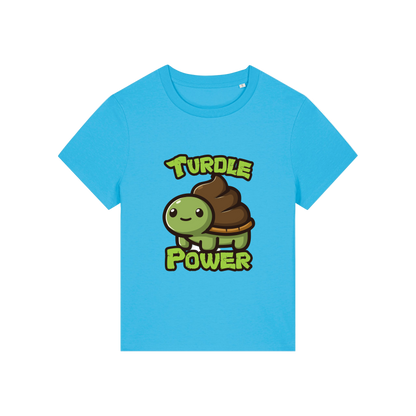 blue funny animal t-shirt with a graphic of a turtle with an emoji poo for a shell and the slogan 'turdle power'