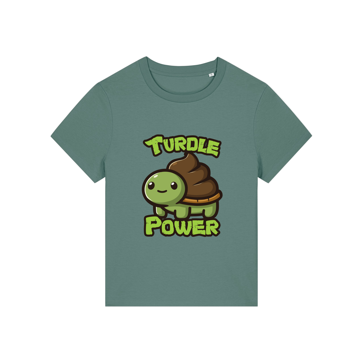 green funny animal t-shirt with a graphic of a turtle with an emoji poo for a shell and the slogan 'turdle power'
