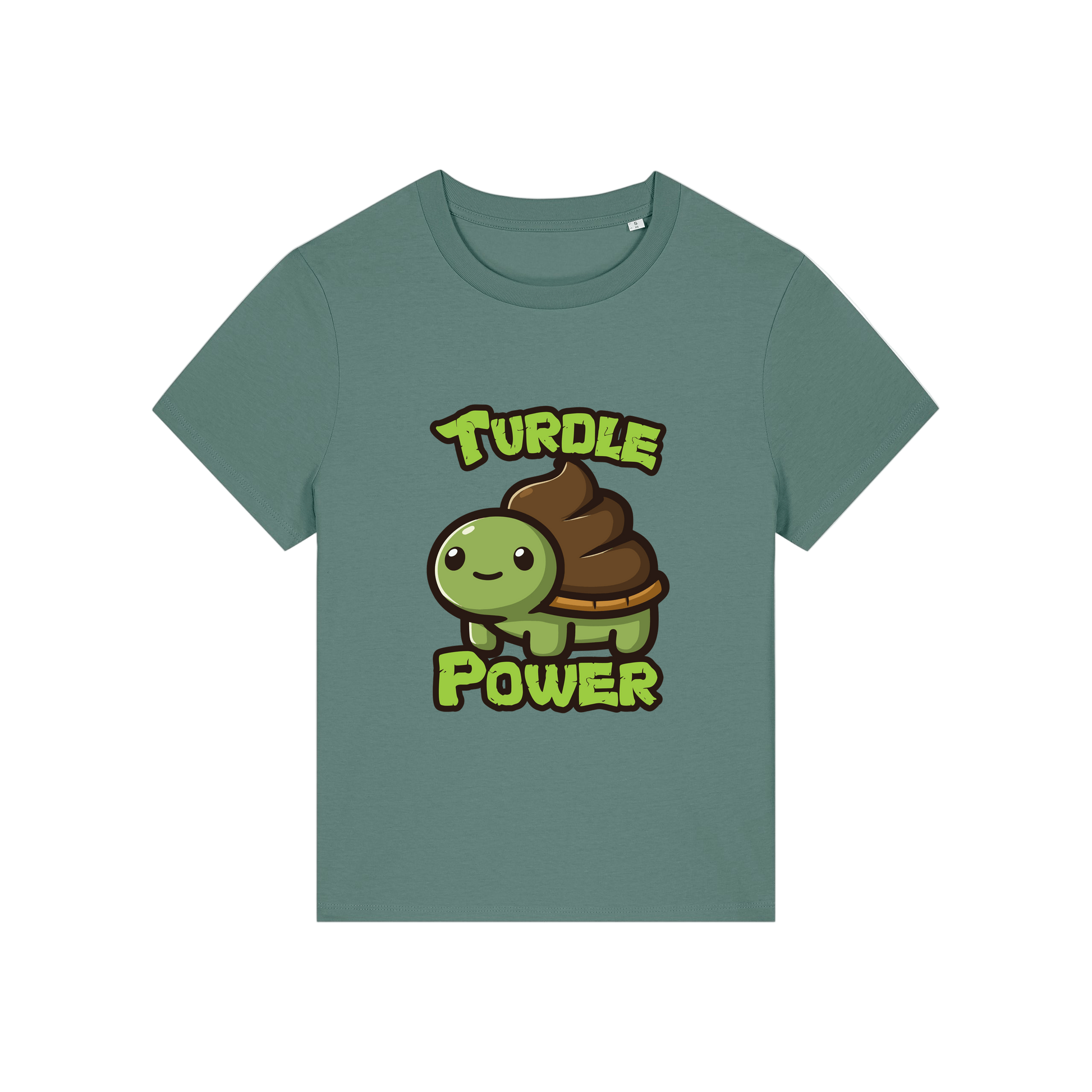 green funny animal t-shirt with a graphic of a turtle with an emoji poo for a shell and the slogan 'turdle power'